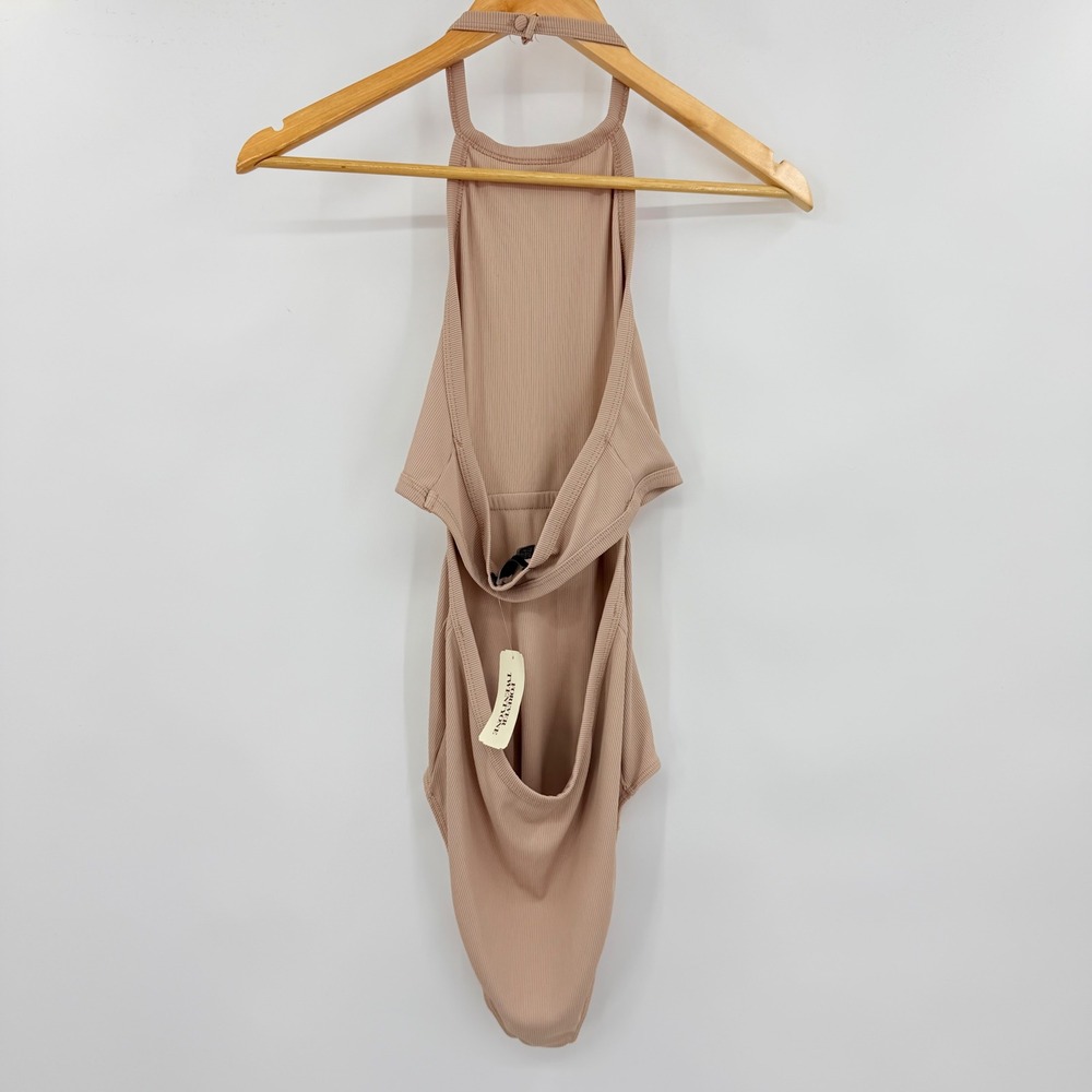 Forever 21 Womens Ribbed Knit Halter Bodysuit Coffee Tan Side Cutouts Size M NEW - Picture 3 of 10